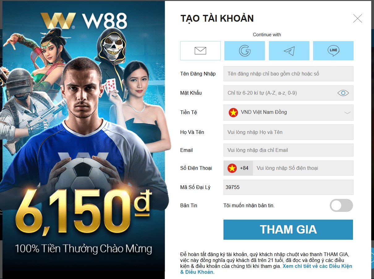 Giao diện đăng ký nhà cái W88