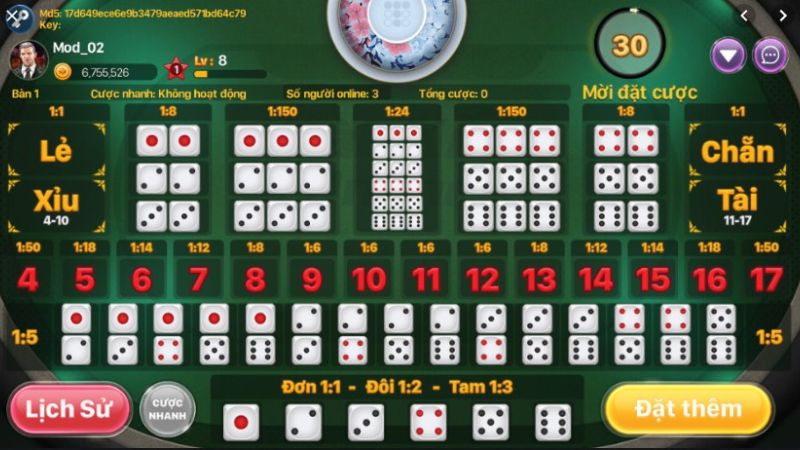 Giao diện của một ván cược tài xỉu online